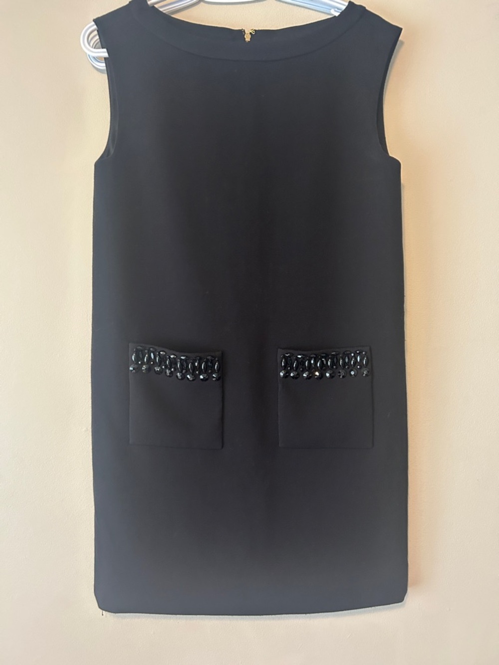 Kate Spade Sleeveless Black Mini Shift Dress with Beaded Pocket Trim